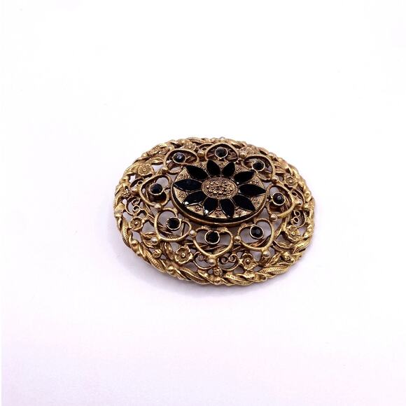 Vintage Large Brooch With Obsidian Stone Floral Design Gold Tone Filigree - Picture 2 of 7